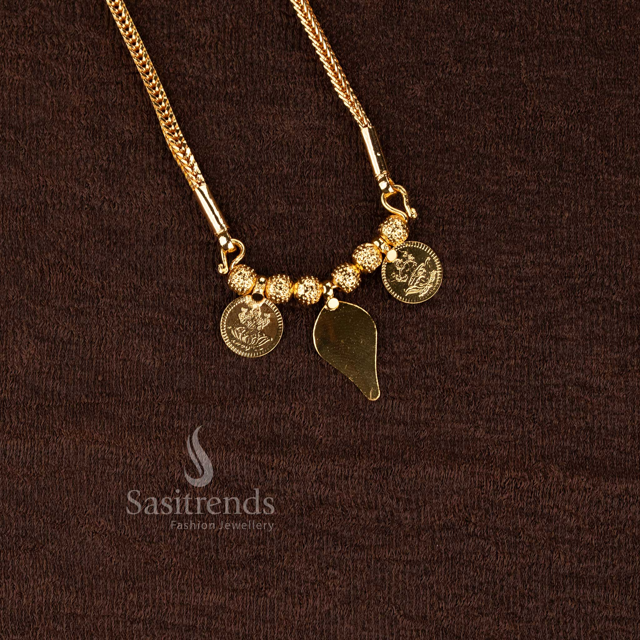 Sasitrends real gold look 1 gram micro gold plated jewellery wedding thali chain with central bead cluster arrangement and sacred Lakshmi coin detailing
