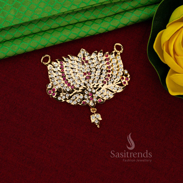 Real Gold Look Impon Addigai Micro Gold Plated AD Stone Grand Lotus Structured Pendant with Layered Petal Design and Central Dangling Drop