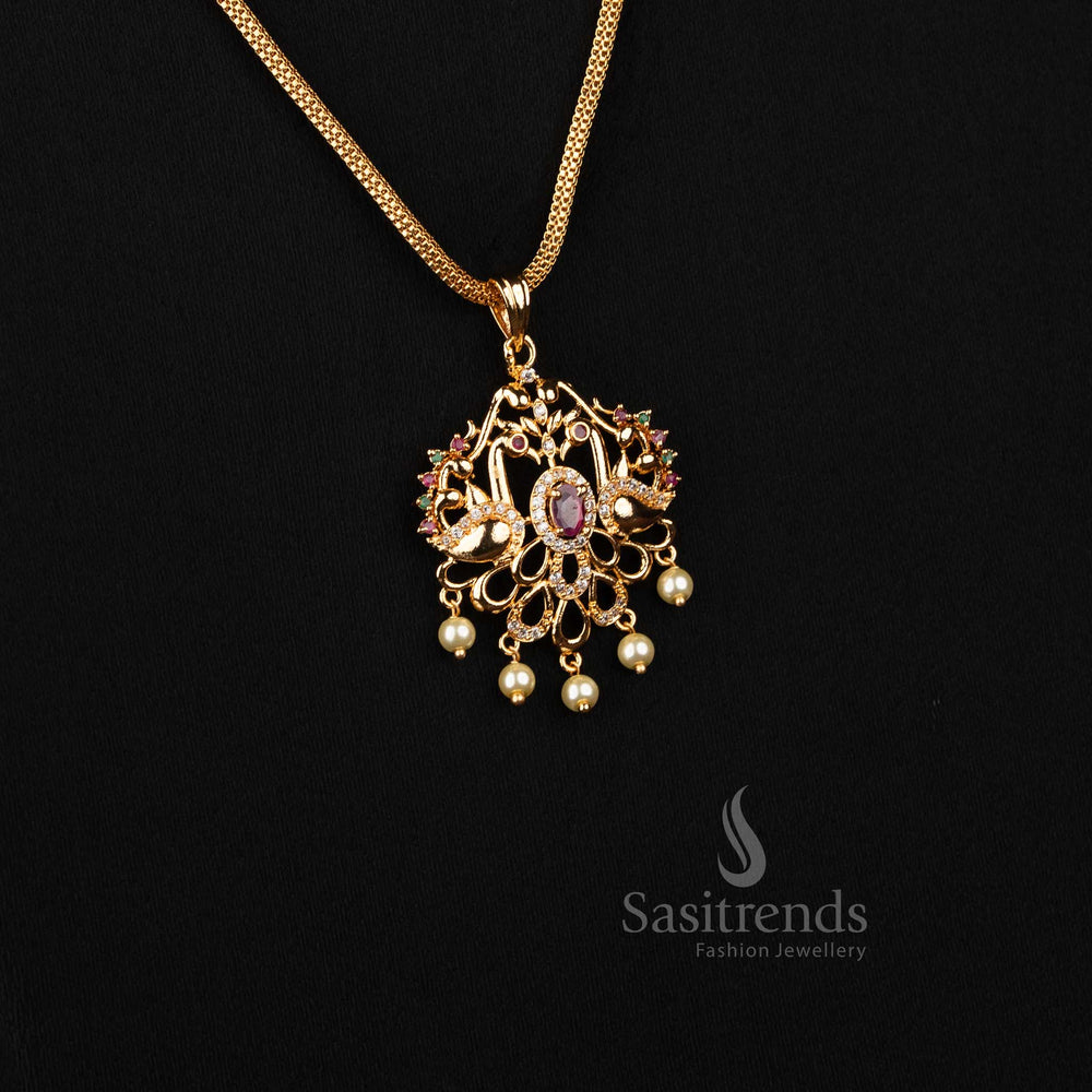 Sasitrends micro gold plated traditional necklace featuring dual peacock design with multi AD stone detailing 