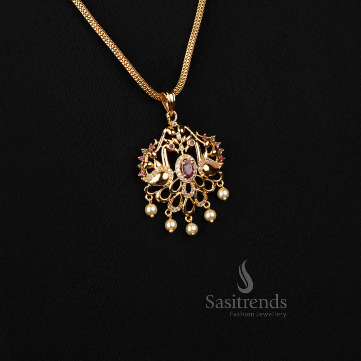 Iconic Micro Gold Plated AD Stone Dual Peacock Motif Pendant Chain Necklace with Openwork Design and Hanging Pearl Drop Elements | Weddings & Temple Visits