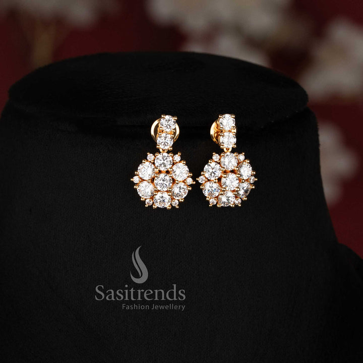 Sasitrends micro gold plated American diamond necklace set with repeating round floral clusters and centre floral drop pendant 