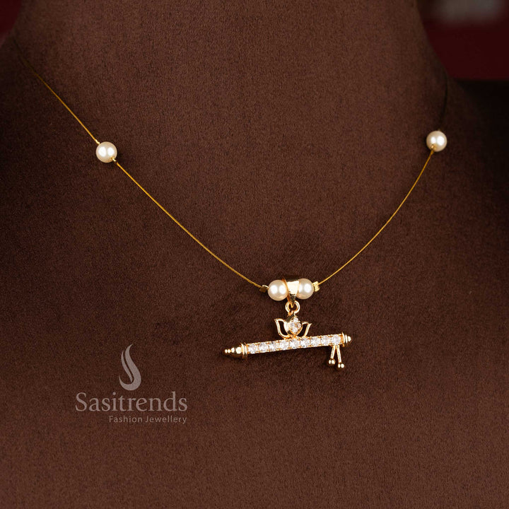 Sasitrends real gold look invisible American diamond 24K micro gold plated pendant necklace designed with pearl bead chain for refined festive jewellery styling