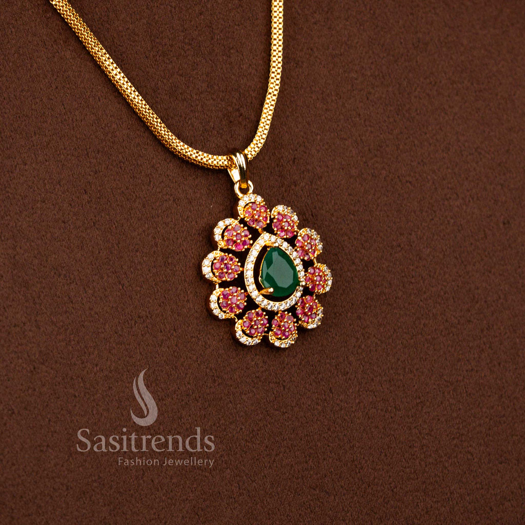 Sasitrends real gold look micro gold plated 1 gram jewellery pendant chain with symmetrical floral cluster structure and precision AD stone setting