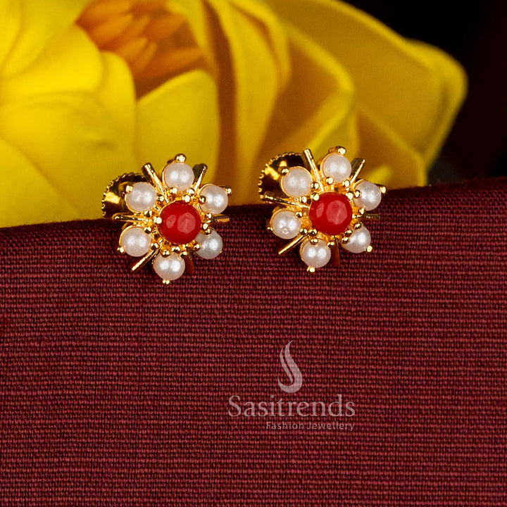 Sasitrends real gold look 24k micro gold plated pavalam pearl floral stud earrings for festive wear