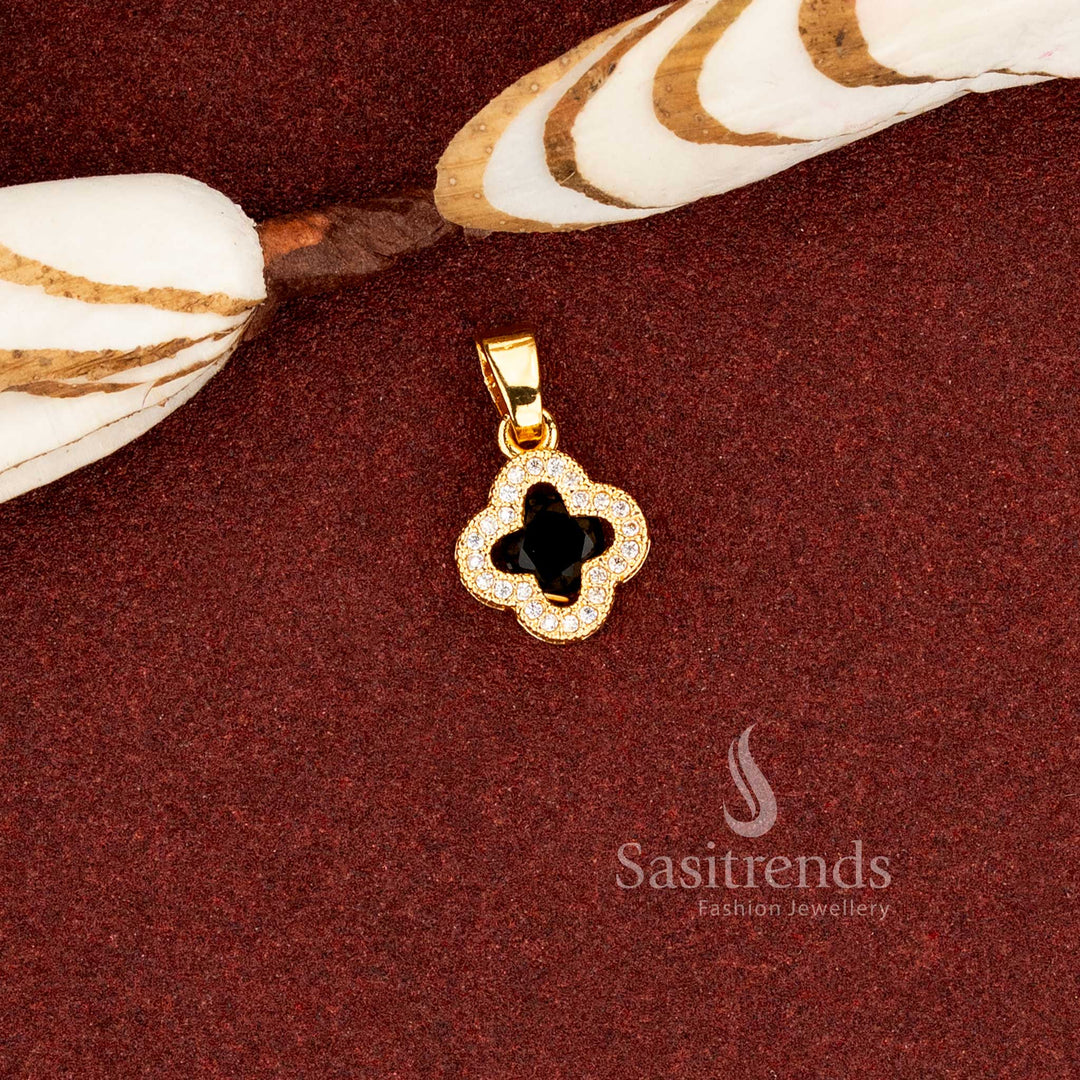 Sasitrends real gold look micro gold plated floral clover black AD stone pendant crafted with a precise multi layered stone frame structure showcasing refined craftsmanship in 24K 1 gram jewellery finish