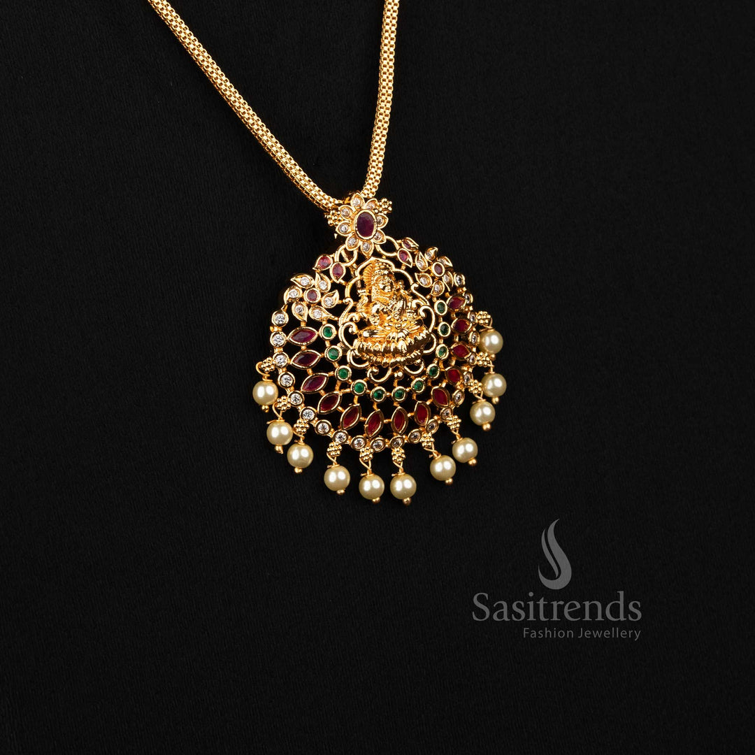 Sasitrends traditional micro gold plated Lakshmi pendant necklace with multi AD stone layers and drop detailing  