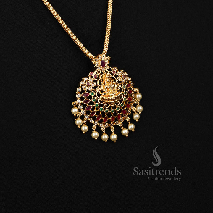 Real Gold Look Alike 24K Micro Gold Plated Temple Style Lakshmi Pendant Chain Necklace with Radiating AD Stone Halo and Pearl Fringe Finish