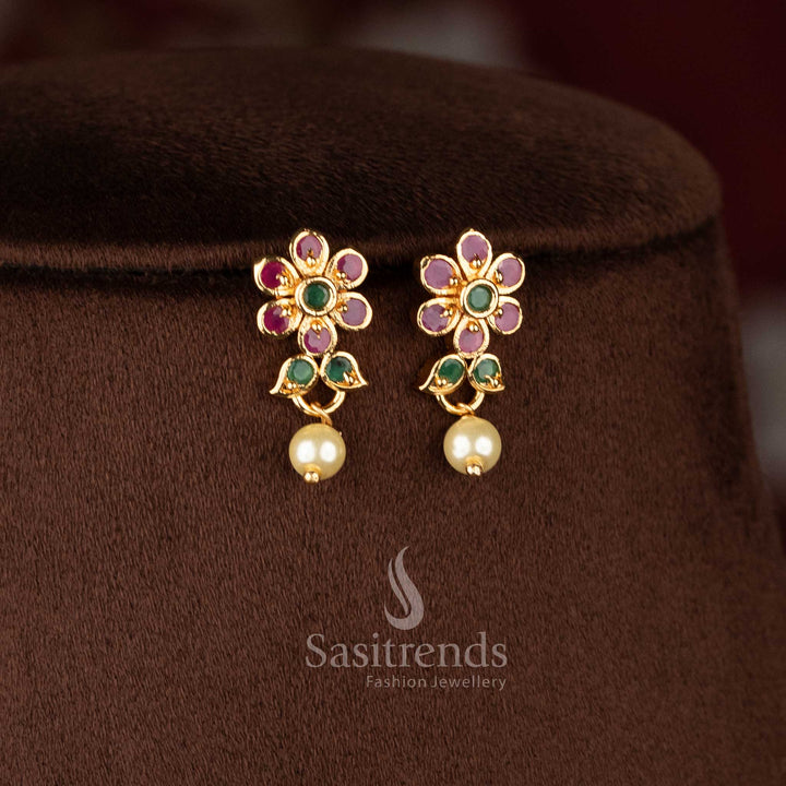 Sasitrends real gold look micro gold plated peacock floral necklace jewellery set designed with pearl drops and ruby green AD stone accents for elegant traditional wear