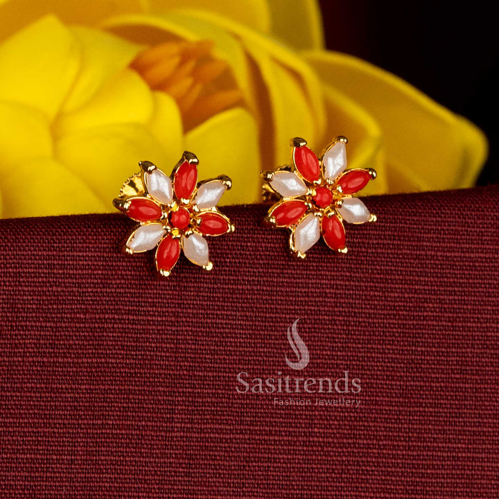 Lovely 24K Micro Gold Plated AD Stone Floral Stud Earrings with Petal-Shaped Cluster Structure | Guaranteed Real Gold Look