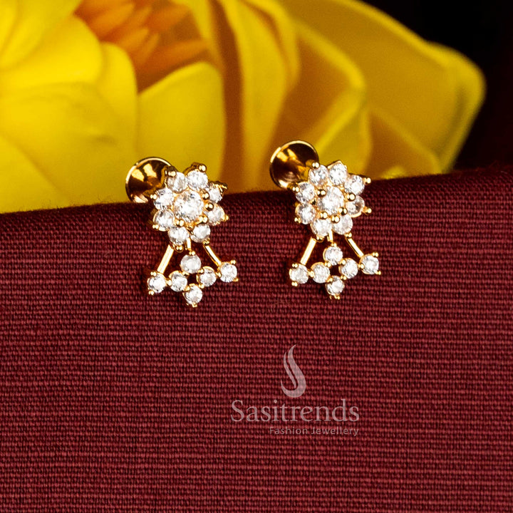 Real gold look floral stud earrings featuring white AD stone cluster drop structure - Sasitrends