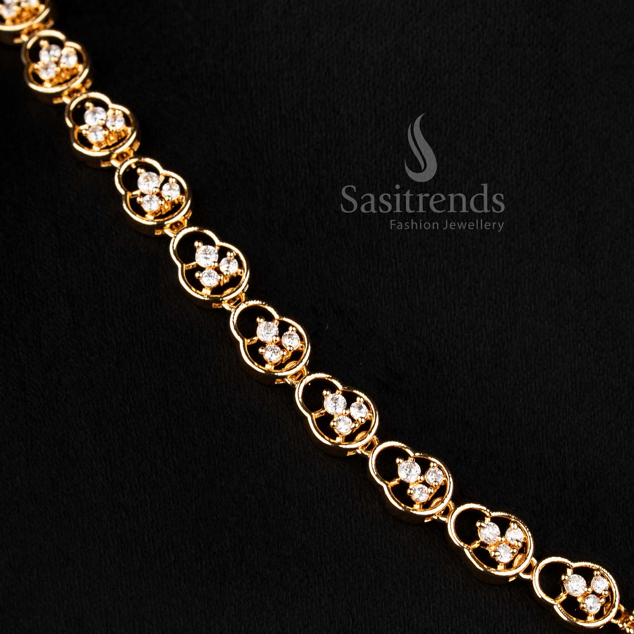 Sasitrends micro gold plated white American diamond stylish party wear necklace set with structured chain design and elegant 