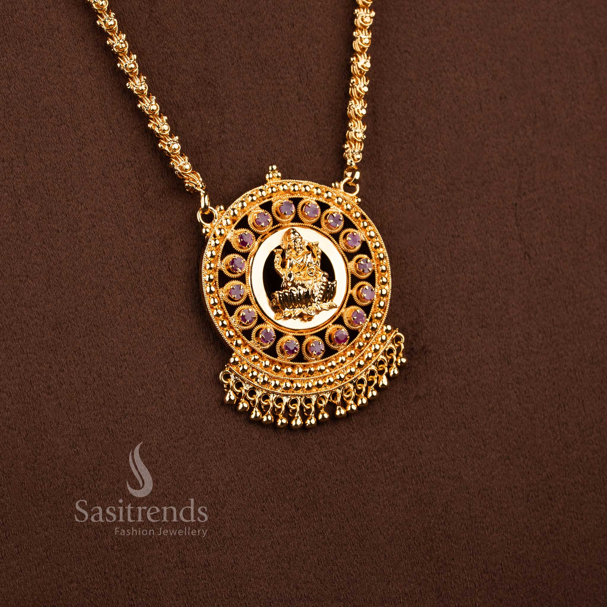 Sasitrends real gold look one gram micro gold plated Lakshmi motif pendant chain necklace featuring AD stone encircled structure designed for cultural and festive styling