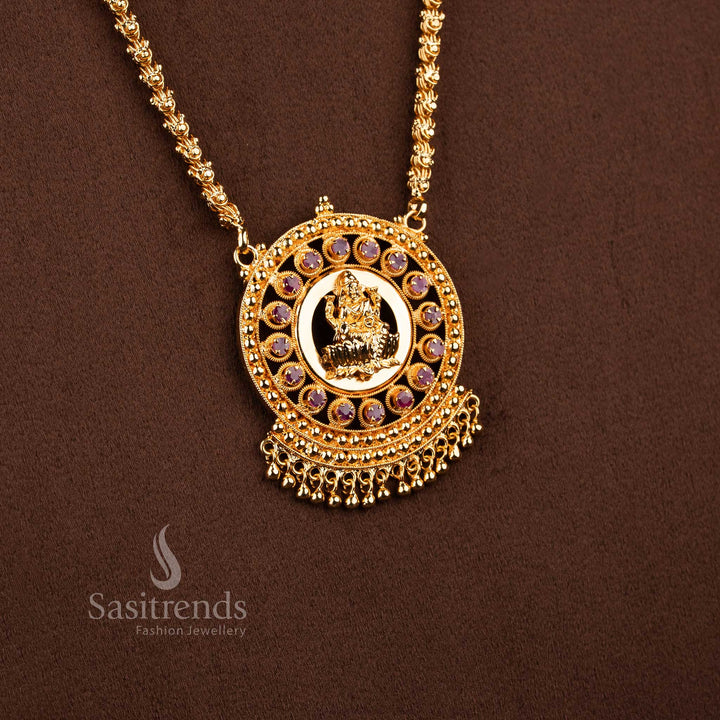 Sasitrends real gold look one gram micro gold plated Lakshmi motif pendant chain necklace featuring AD stone encircled structure designed for cultural and festive styling