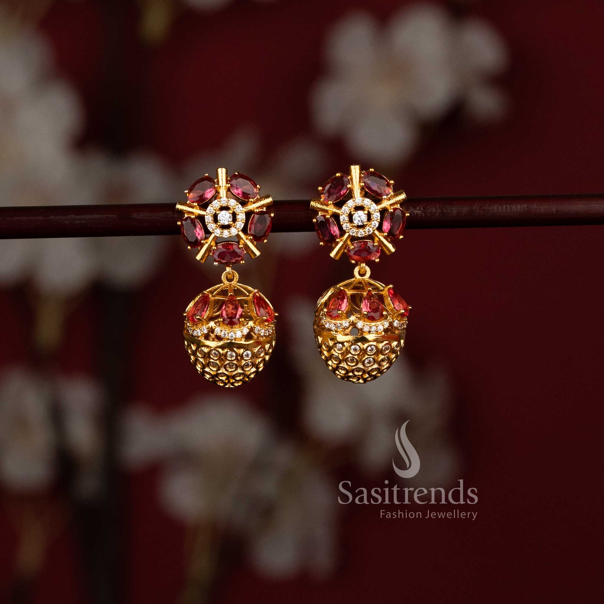 Elegant Party wear red American Diamond Matte Gold Plated Floral Wheel Stud Earrings with Structured Dome Drop Jhumka Design - Sasitrends