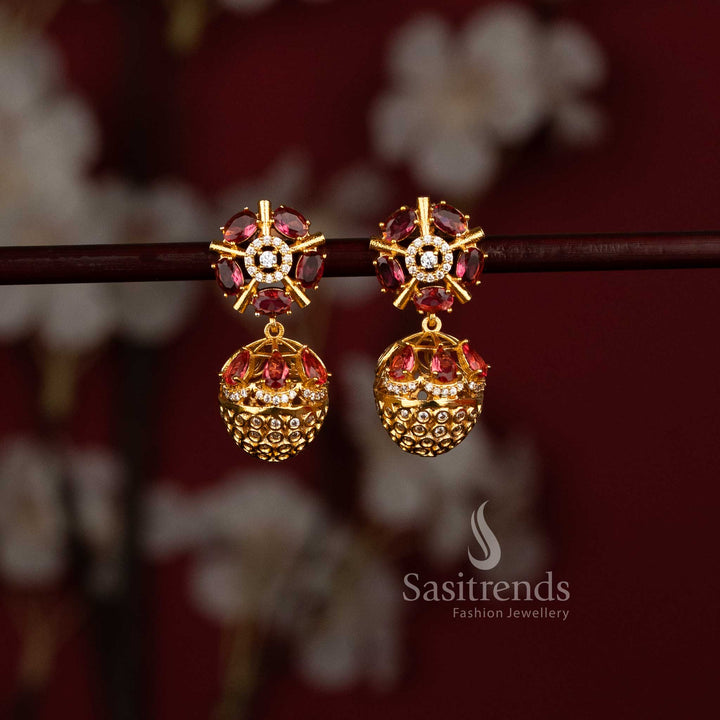 Elegant Party wear red American Diamond Matte Gold Plated Floral Wheel Stud Earrings with Structured Dome Drop Jhumka Design - Sasitrends