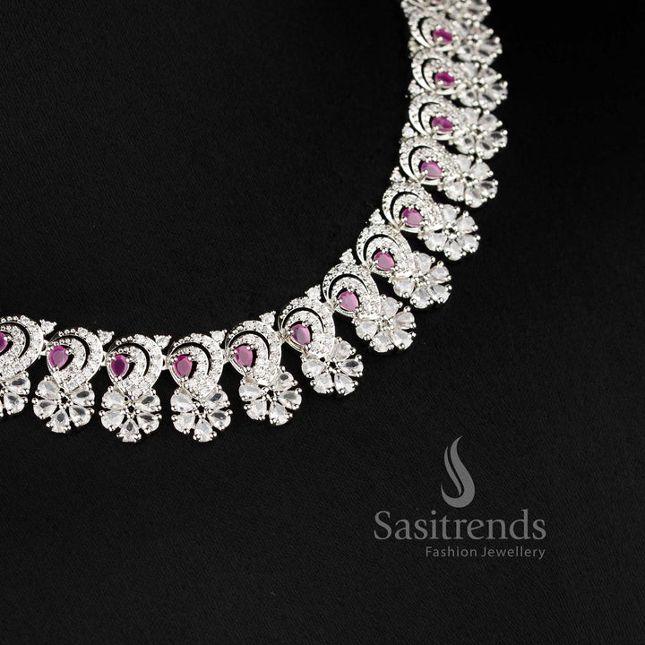 Trendy ruby stone studded rhodium plated necklace set featuring detailed floral pattern - Sasitrends