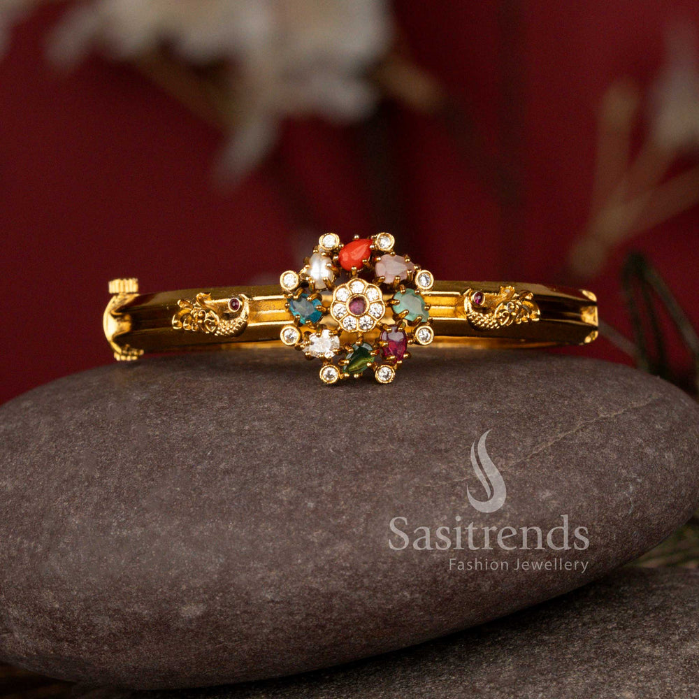 Royal Peacock Bloom Temple Matte Gold Plated Openable Screw Type Kada Bracelet with Multicolor Stone Floral Design for Women - Sasitrends