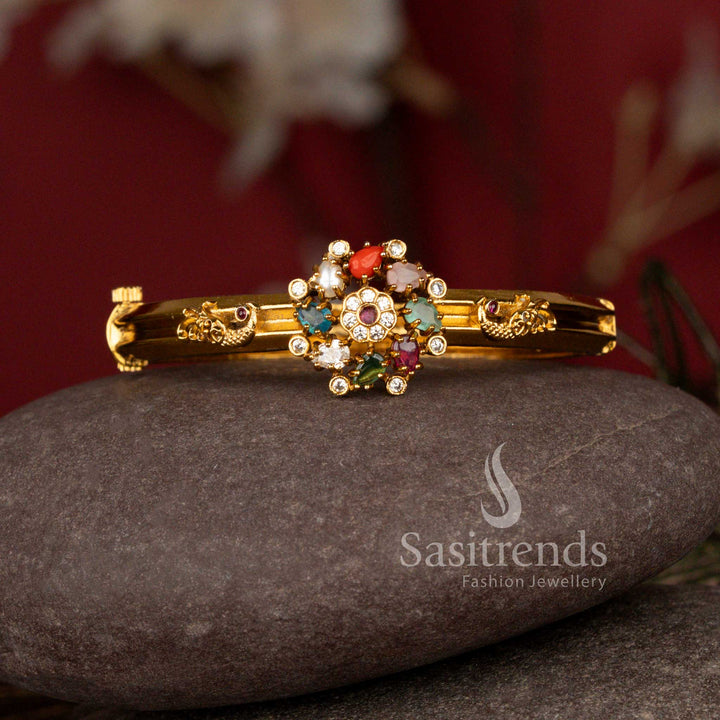 Royal Peacock Bloom Temple Matte Gold Plated Openable Screw Type Kada Bracelet with Multicolor Stone Floral Design for Women - Sasitrends