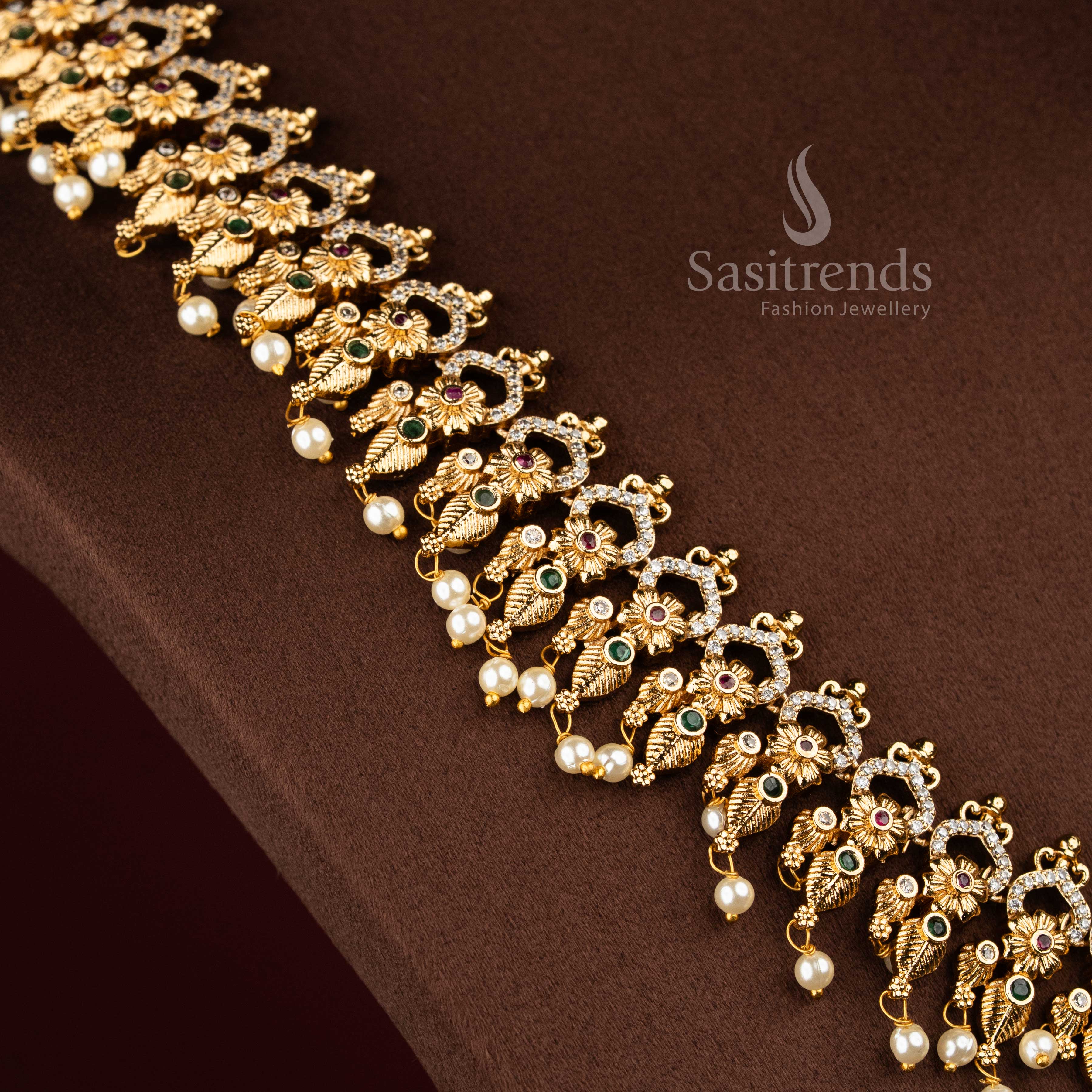 Sasitrends royal temple matte gold plated floral motif multi AD stone long necklace jewellery set designed with rich traditional elegance for weddings, engagement rituals, poojas and grand family functions