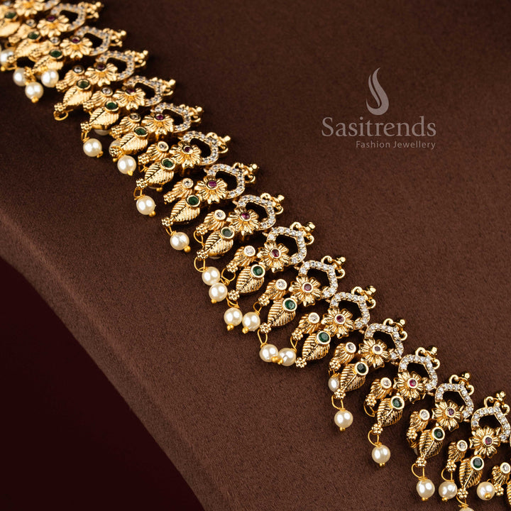 Sasitrends royal temple matte gold plated floral motif multi AD stone long necklace jewellery set designed with rich traditional elegance for weddings, engagement rituals, poojas and grand family functions
