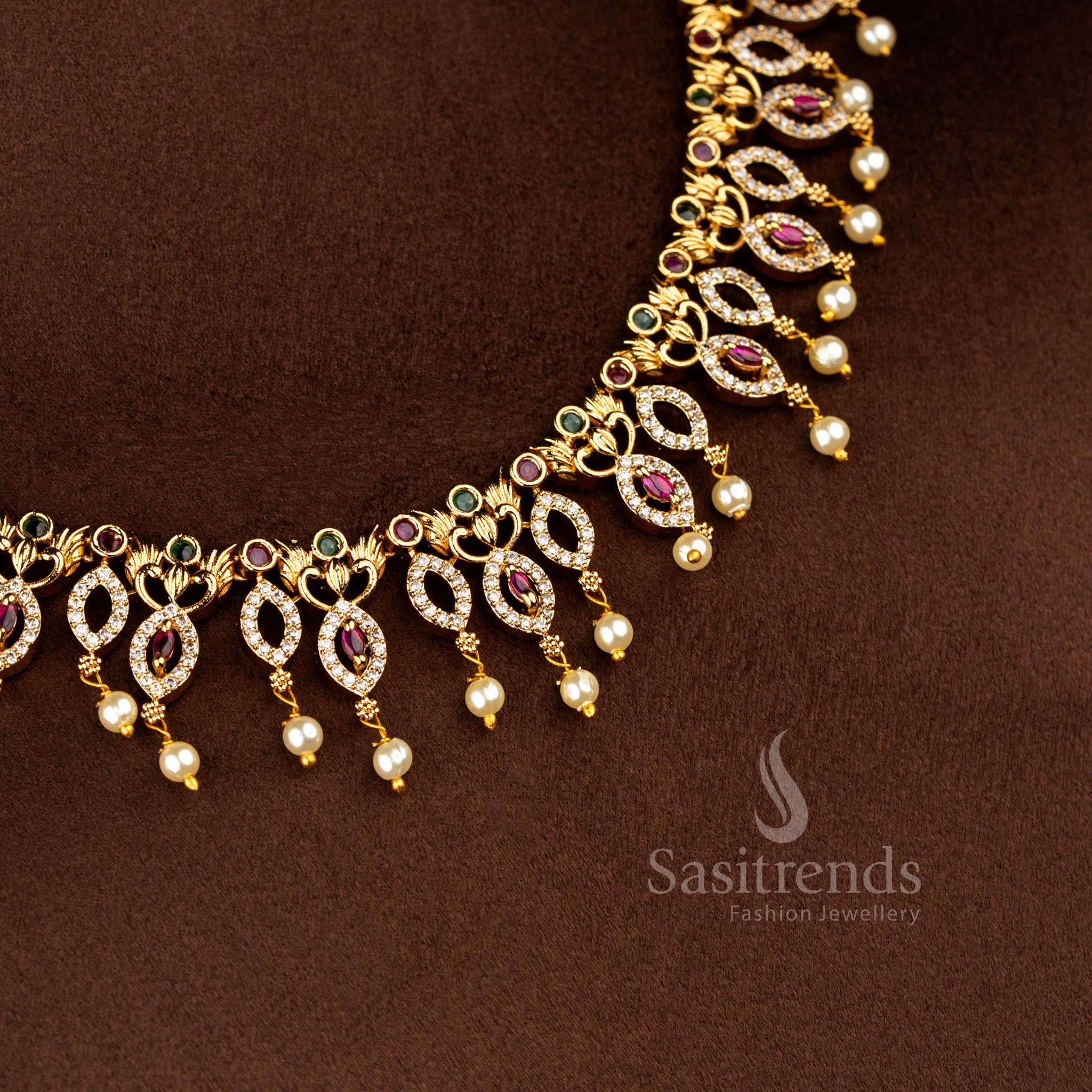 Sasitrends royal temple matte gold plated paisley vine pearl drop multi American diamond short necklace jewellery set featuring elegant craftsmanship for weddings, festive gatherings, devotional events and traditional occasions