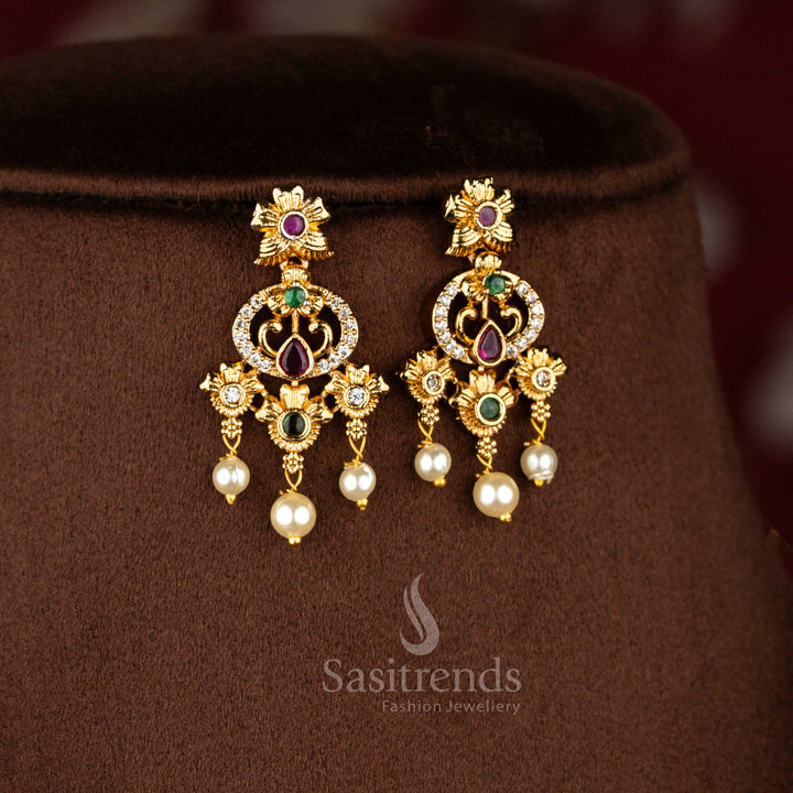 Sasitrends royal temple matte gold plated peacock teardrop floral motif pearl drop multi American diamond short necklace jewellery set designed for weddings, receptions, devotional events and traditional celebrations