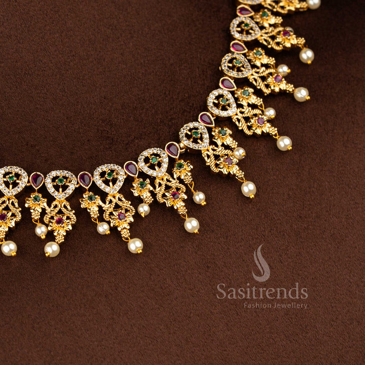 Sasitrends royal temple matte gold plated peacock teardrop floral motif pearl drop multi American diamond short necklace jewellery set designed for weddings, receptions, devotional events and traditional occasions
