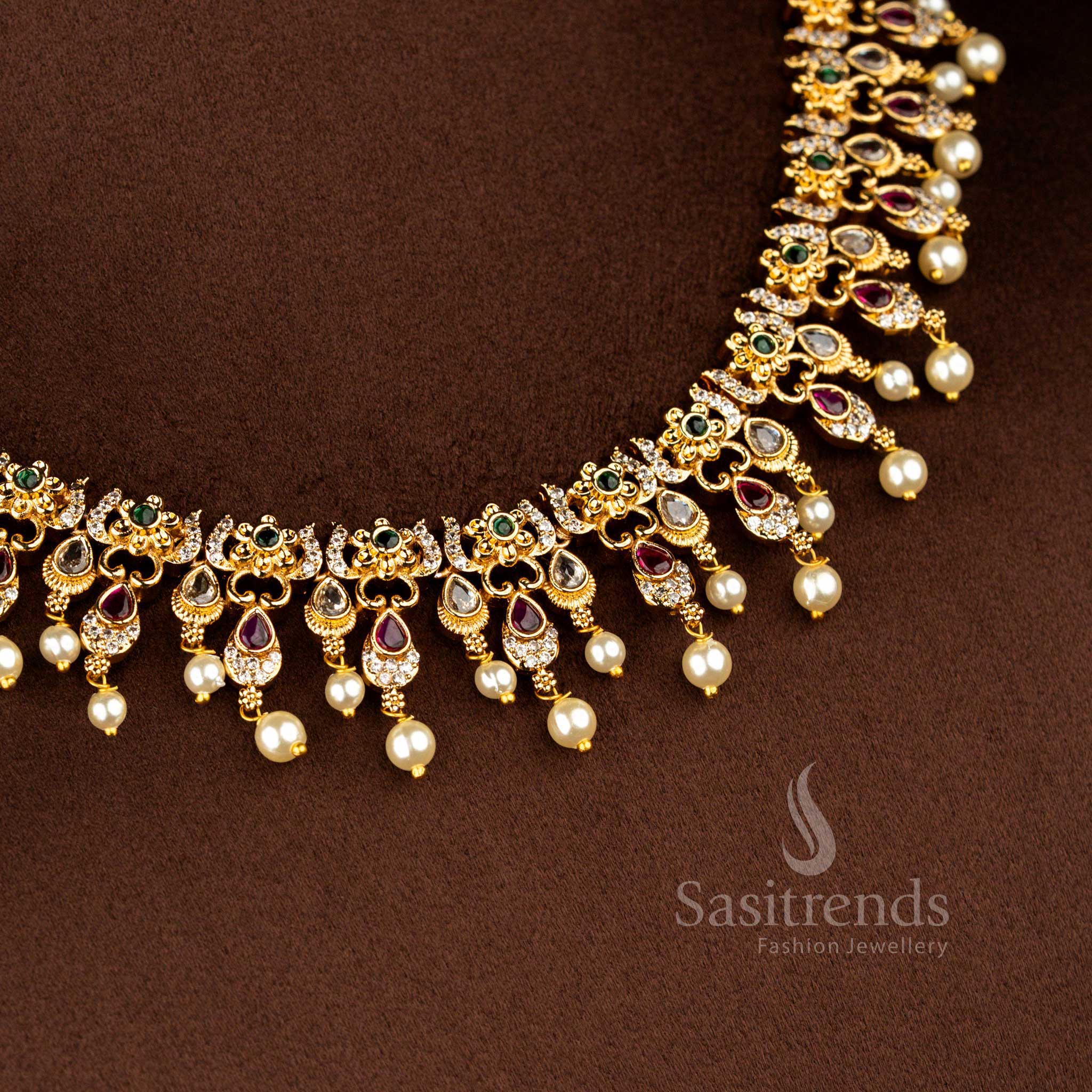 Sasitrends royal temple matte gold plated teardrop motif floral multi American diamond short necklace jewellery set featuring intricate temple craftsmanship suitable for weddings, receptions, festivals and stage performances