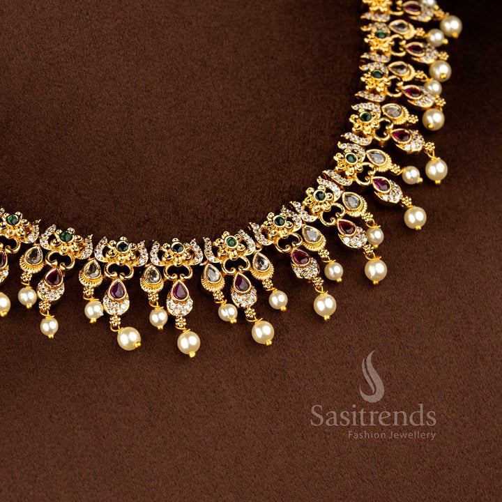 Sasitrends royal temple matte gold plated teardrop motif floral multi American diamond short necklace jewellery set featuring intricate temple craftsmanship suitable for weddings, receptions, festivals and stage performances
