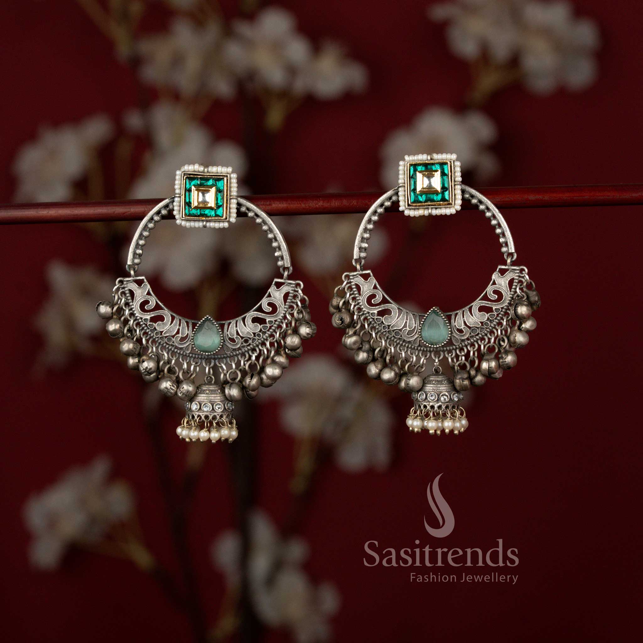 Sasitrends 92.5 silver plated oxidised chandbali earrings showcasing a structured square hoop design enriched with pearl embellishments, creating a striking festive look for Navarathri and cultural gatherings.