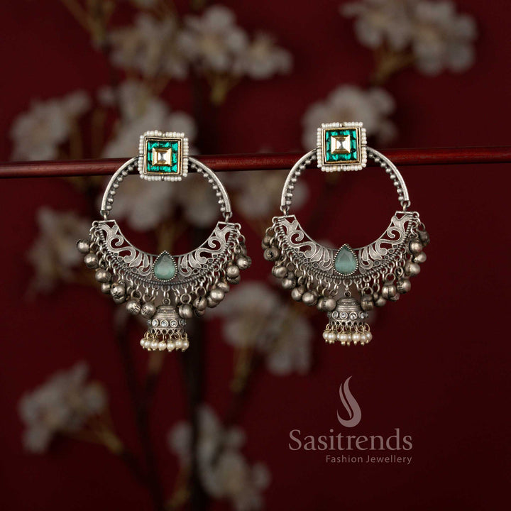 Sasitrends 92.5 silver plated oxidised chandbali earrings showcasing a structured square hoop design enriched with pearl embellishments, creating a striking festive look for Navarathri and cultural gatherings.