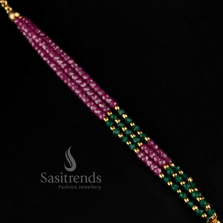 Traditional Goddess Lakshmi statement necklace showcasing layered bead strands, ornate rounded bead detailing and seven embossed Lakshmi coin-style pendants for wedding and ethnic outfits