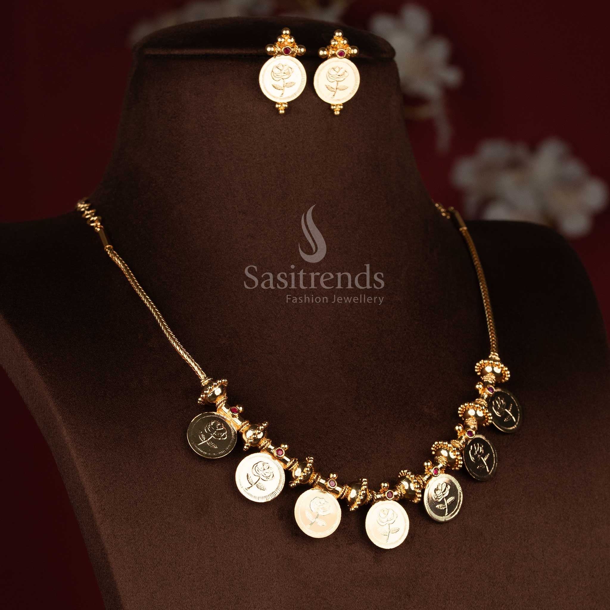 Sasitrends South Indian flower coin jewellery set with rose motif detailing in refined micro gold plated traditional design