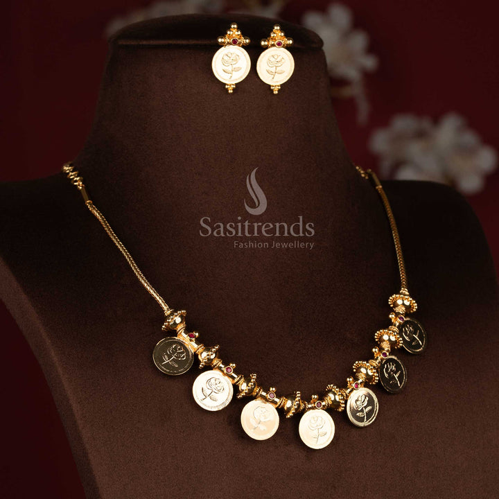 24K Micro Gold Plated Flower Coin Rose Motif AD Stone Necklace Jewellery set | Kerala Traditional Coin Design 1 Gram Jewellery