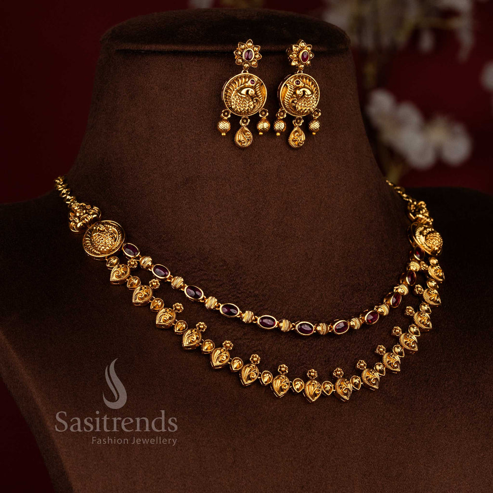 Sasitrends South Indian double layer peacock motif ruby AD stone necklace set designed for wedding and temple wear