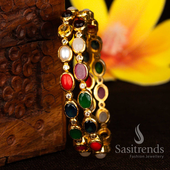 Sasitrends 24K micro gold plated navarathna American diamond bangles featuring alternating oval cluster link structure