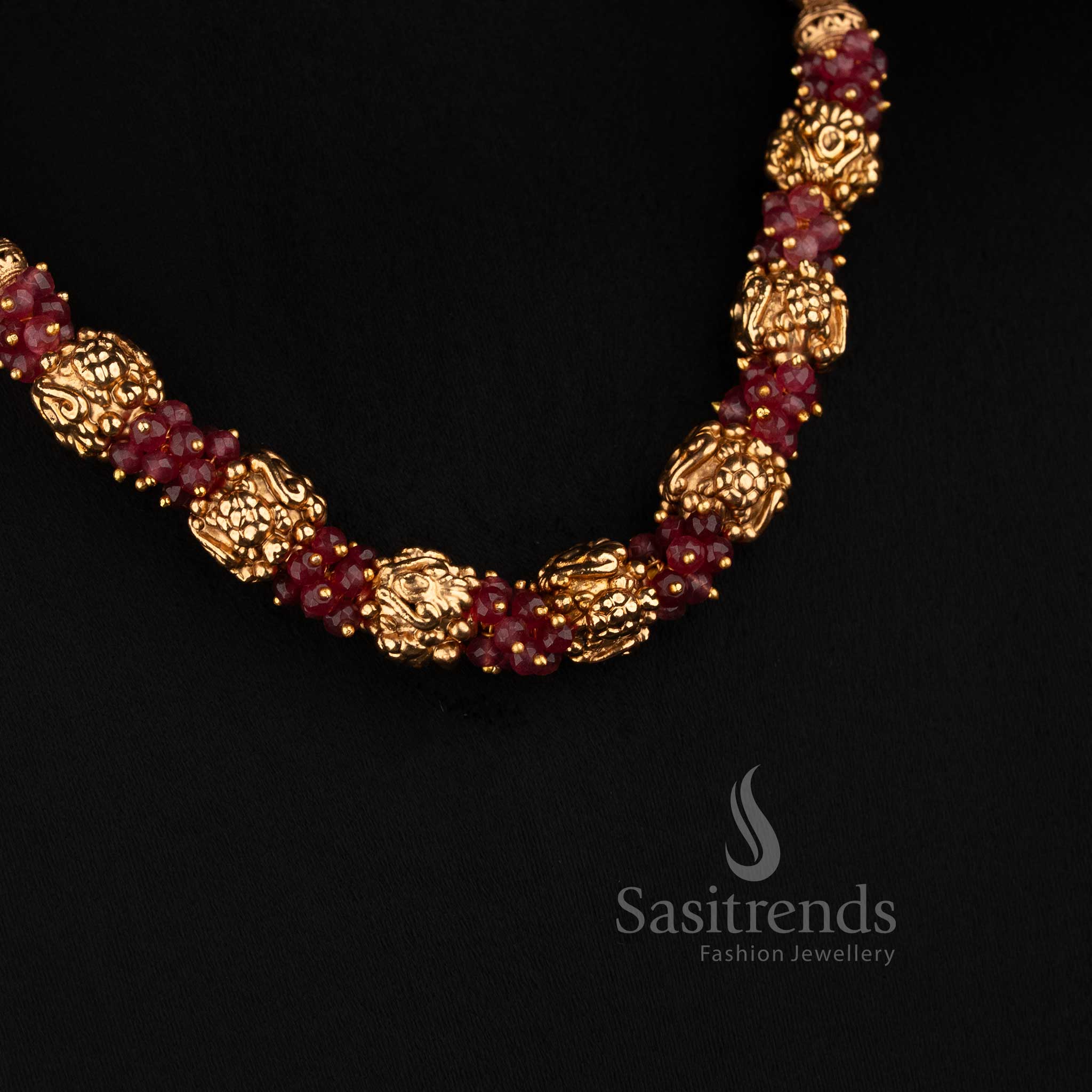 Sasitrends antique gold filigree ball and ruby bead cluster strand mala necklace set with matching stud