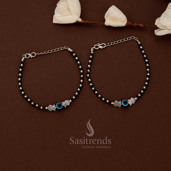 Heritage Oxidised Beaded Anklets with Blue Eye Centre Charm | Owl & Turtle Motif