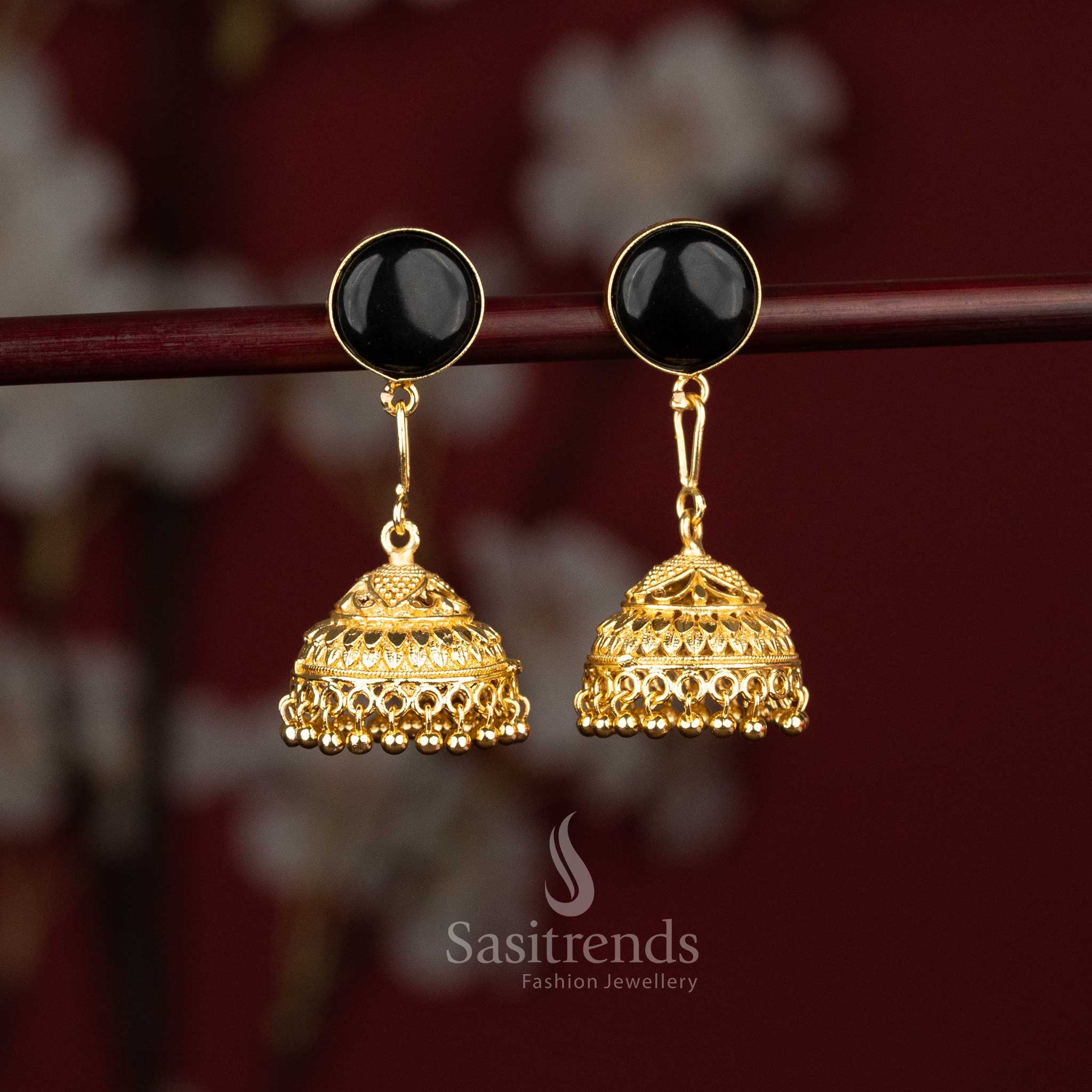 Trendy Gold Plated Pear and Round Motif Jhumka Earrings | Perfect for Party Wear Styling and Fashionable Outfits - Sasitrends