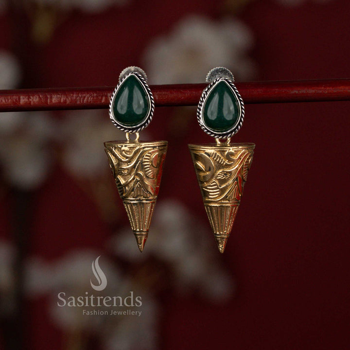 Stylish green oxidised silver geometric stud earrings from Sasitrends featuring a unique teardrop top that flows into a cone-shaped base, ideal for contemporary outfits and relaxed meetups.