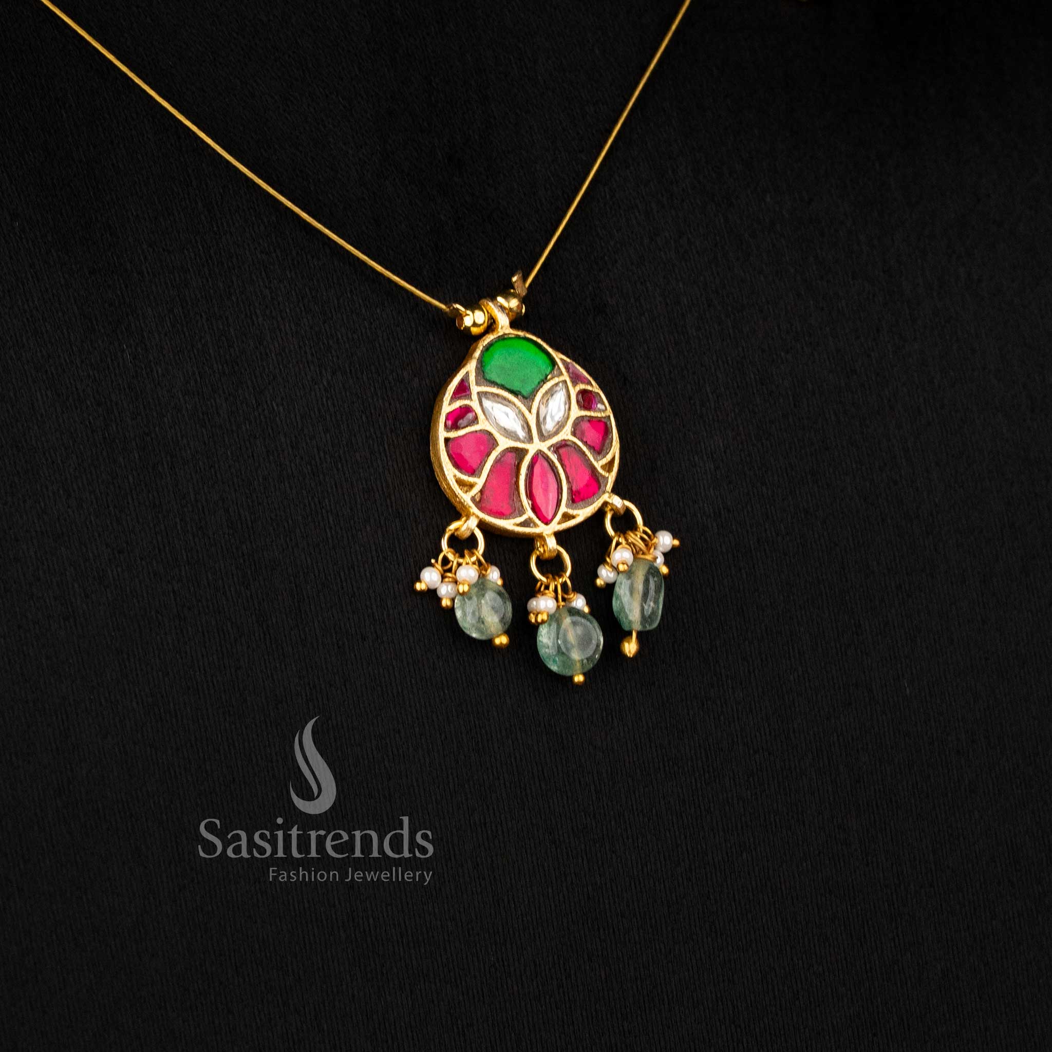 Sasitrends stylish jadau 24K gold plated invisible chain necklace featuring elegant motif design with pearl touch crafted for saree styling and ethnic jewellery collections