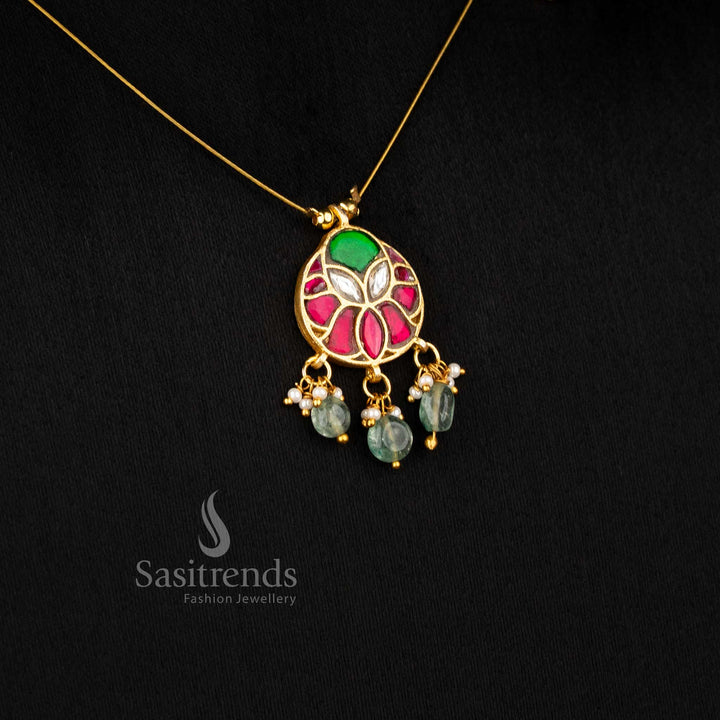 Sasitrends stylish jadau 24K gold plated invisible chain necklace featuring elegant motif design with pearl touch crafted for saree styling and ethnic jewellery collections