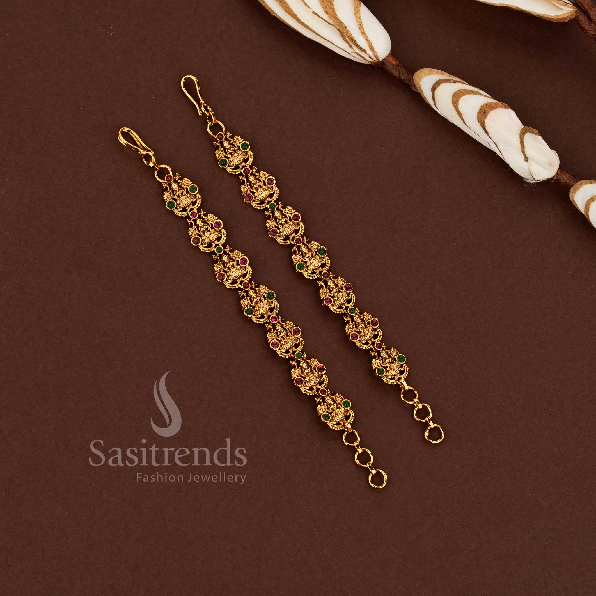 Sacred temple premium matte gold plated Lakshmi motif matil ear chain traditional ethnic festive styling ruby green - Sasitrends