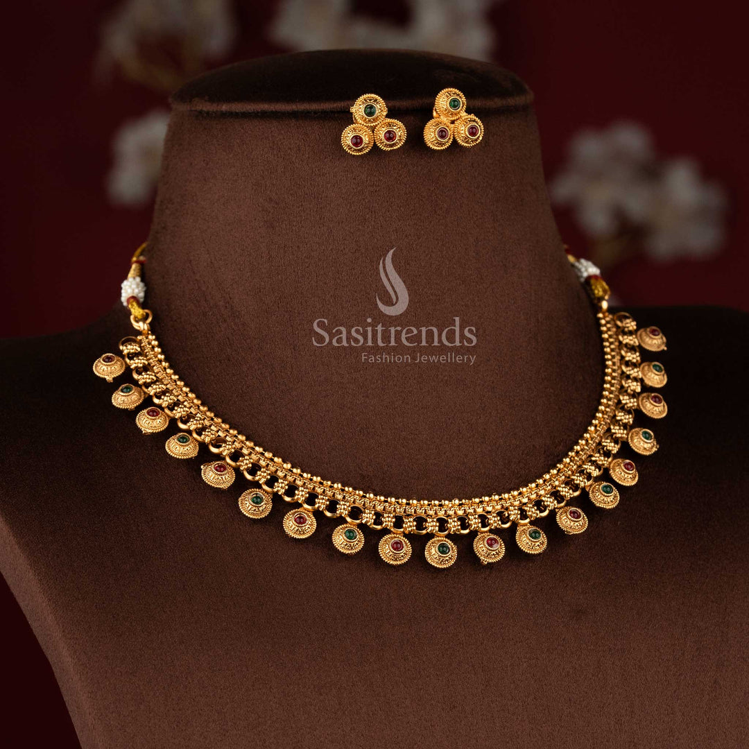 Sasitrends traditional classic matte gold plated ruby green round motif necklace jewellery set featuring decorative bead drops flexible chain structure and coordinated stud earrings