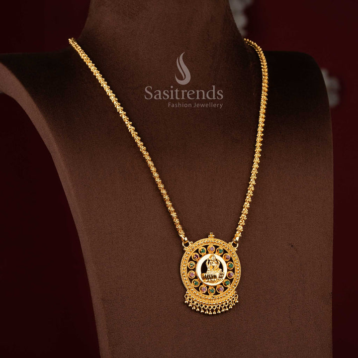 Sasitrends temple inspired one gram micro gold plated Lakshmi motif pendant chain necklace with AD stone encircled frame designed for elegant traditional attire