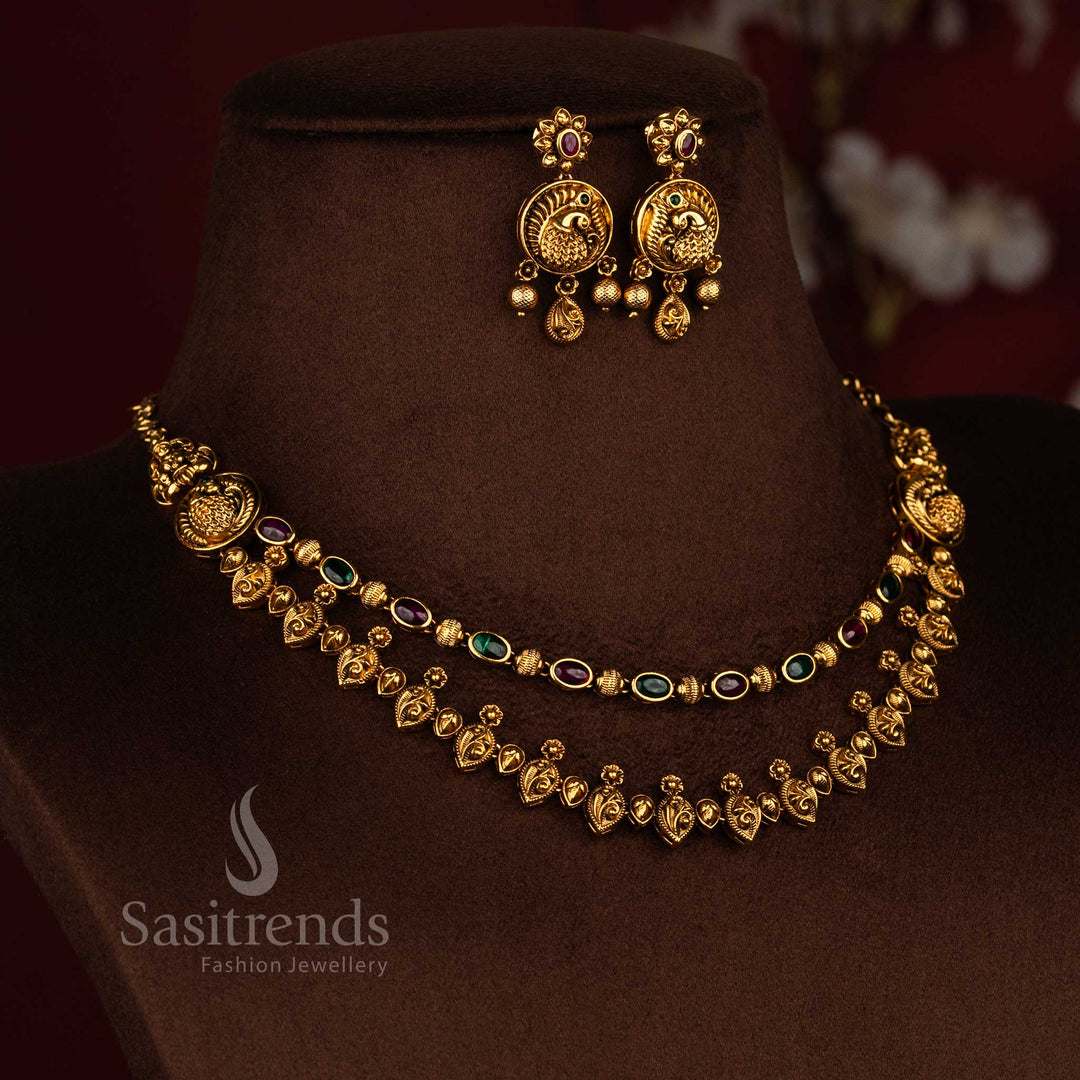 Sasitrends classic ethnic double layer ruby green Ad stone temple necklace jewellery set with premium matte gold finish