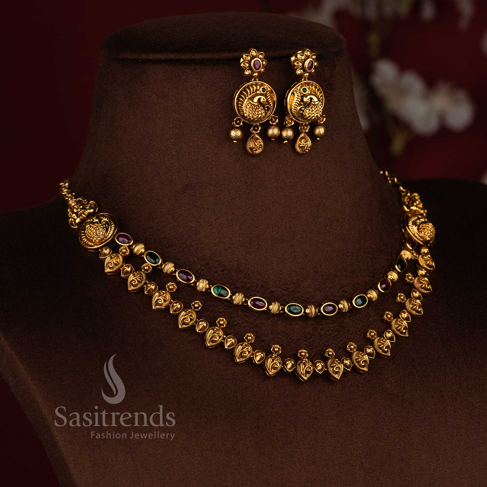 Sasitrends classic ethnic double layer ruby green Ad stone temple necklace jewellery set with premium matte gold finish