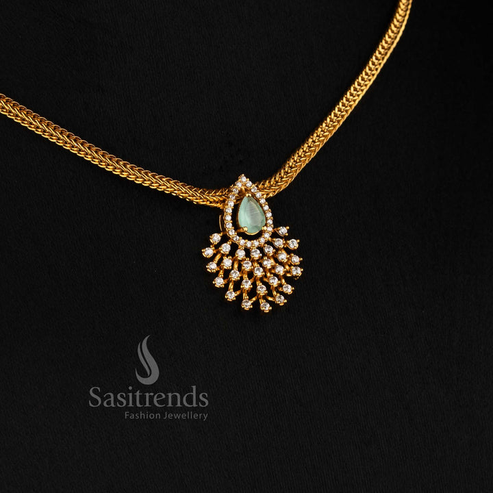 Sasitrends temple matte gold choker necklace set with teardrop AD stone mesh pendant and matching earrings