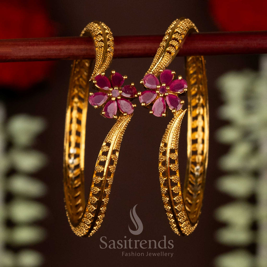 Premium Temple Matte Gold Floral Leaf Design Bangles for saree Wear - Sasitrends
