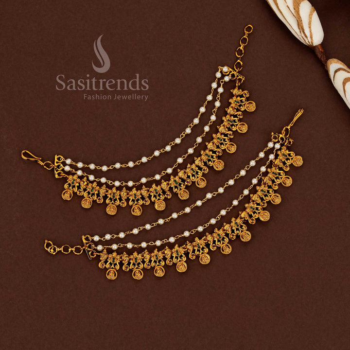 Temple matte gold plated American diamond matils jewellery set with pearl accents suitable for wedding and bridal wear ruby green - Sasitrends